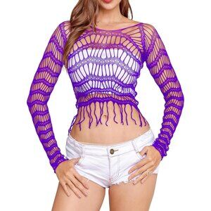🆕Women Purple Fishnet Crop Top Babydoll Chemise Lingerie Tassels Stretchy Nylon